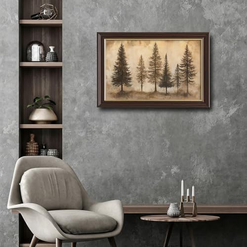 Image of Antique Brown Framed Pine Tree Wall Art, Vintage Neutral Tone Forest Prints, Rustic Woodland Wall Decor Paintings for Living Room Bedroom Farmhouse