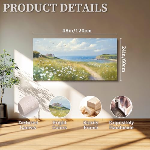 SERIMINO Coastal Landscape Large Wall Art, Country Scenic Canvas Art Wall Decor, Meadow Wildflowers Nature Art Prints, Rustic House Decorations Living Room Bedroom Above Bed Wall Pictures 24"X48"
