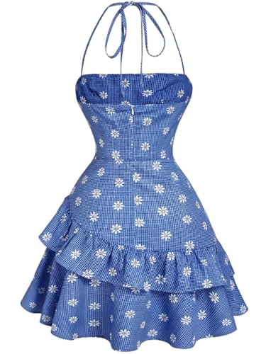 Image of Narecte Summer Dresses for Women,Tie Halter Mini Dress,Floral Print Short Dress,Ruffle Trim Casual Dresses