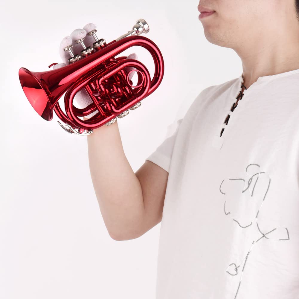 Set di Trombe Tascabili in SIB 5 Trombe a Mano Colorate Opzionali con Custodia, Cinturino, Bianchi, Kit di Pulizia per Studenti e Principianti (Rosso)