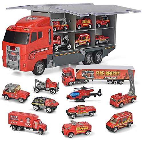 JOYIN 10 in 1 Die-cast Fire Engine Vehicle Mini Rescue Emergency Fire Truck Toy Set in Carrier Truck