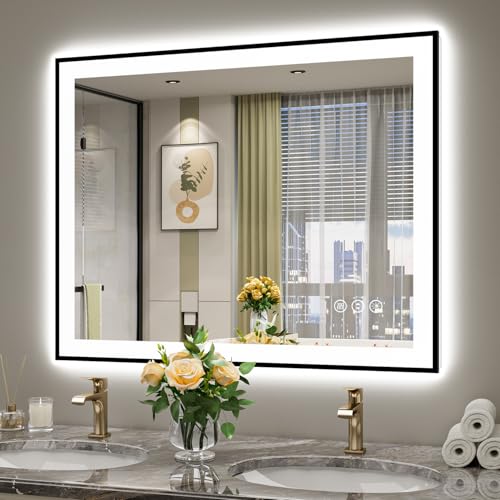 Image of 40x32 Inch LED Bathroom Mirror with Lights (Front Lit and Backlit) Black Framed Lighted Vanity Mirror for Bathroom Wall Dimmable Anti-Fog Memory Tempered Glass Horizontal /Vertical