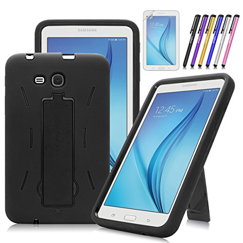 Windrew Heavy Duty Hybrid Protective Case with Kickstand Impact Resistant for Samsung Galaxy Tab E Lite 7.0 / Tab 3 Lite 7.0 SM-T110 T111 T113 + Screen Protector Film and Stylus Pen (Black)