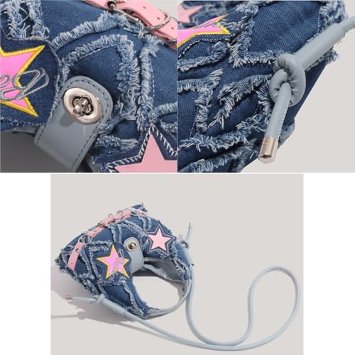 Image of Denim Hobo Bag for Women, Small Star Jean Fringe Shoulder Purse, Soft Top Handle Bag Crossbody Bag