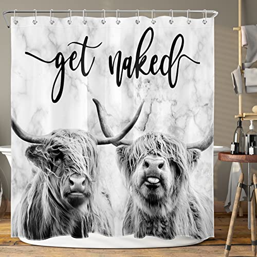 Lb Farmhouse Highland Cow Shower Curtain With Hooks, Funny Western Wildlife Bull On Modern Grey Marble Backdrop Get Naked Bathroom Curtain, Waterproof Polyester Fabric Bathtub Curtain 72X72 Inch #TOP3