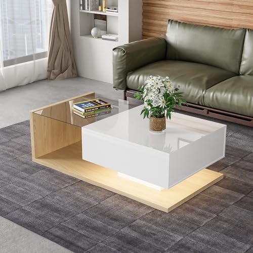 Merax Table de Salon LED avec Tiroirs et Espace de Rangement, Table Moderne Brillante 105 x 55 x 32,5 cm, Couleur Bois
