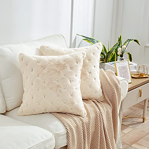ARJINCUTE Diamond Faux Fur Throw Pillow Covers 18"x 18" - Set of 2 Decorative Fuzzy Cushion Covers Pillow Cases for Sofa Couch Bedroom Living Room Car, Beige White