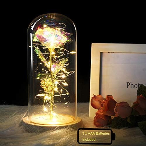 TINYOUTH Light Up Rose In Glass Dome, 24K Galaxy Rose with 20 LEDS String Light, Batteries Included Beauty and the Beast Rose Gifts for Women/Her/Mum Wedding Anniversary Valentines Birthday Xmas