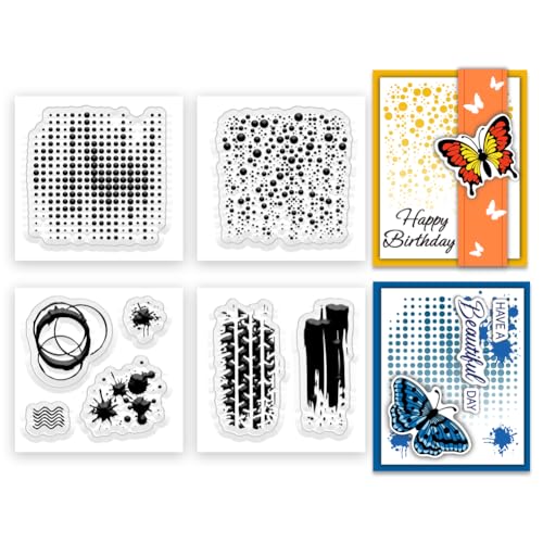 STAIN TEXTUR - Timbri trasparenti: 4 mini timbri in silicone da 55 x 55 mm con motivi di macchie e stampa. Perfetto per decorare buste, cartoline, scrapbooking, diari e biglietti di auguri per le vacanze.