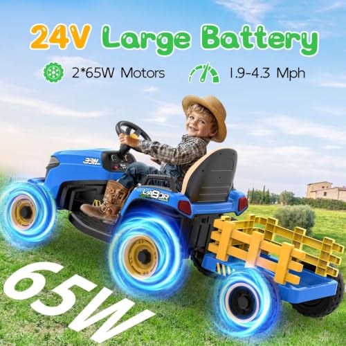 Image of ANPABO 24V Ride On Tractor for Kids w /Detachable Trailer, EVA Tires, Blue