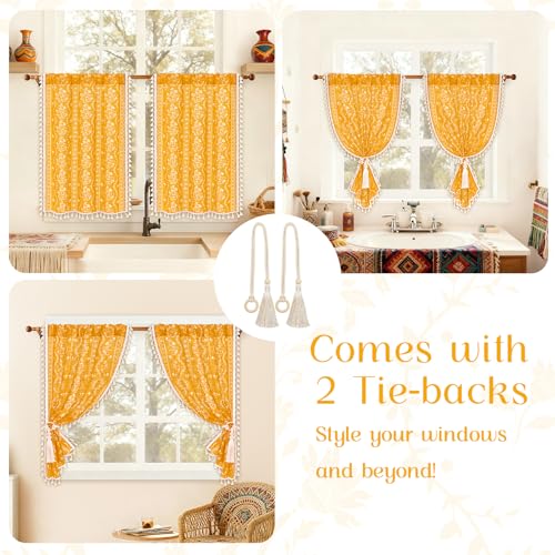 Image of Yinhua Boho Kitchen Curtains 36 Inch Length Vintage Linen Cafe Curtains Light Filtering Bohemian Floral Tier Rod Pocket Farmhouse Rustic Tassel Small Drapes with Tiebacks, 2 Panels, Yellow