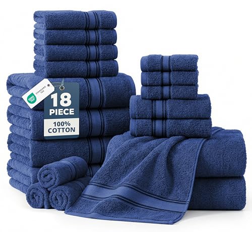 Image of Lane Linen 100% Cotton Luxury Bathroom Towel Set - 18 Pcs - Zero Twist, Quick Dry, Super Soft & Absorbent - 6 Bath, 6 Washcloths, 6 Hand Towels - Remains Fluffy Even After Multiple Washes - Navy Blue
