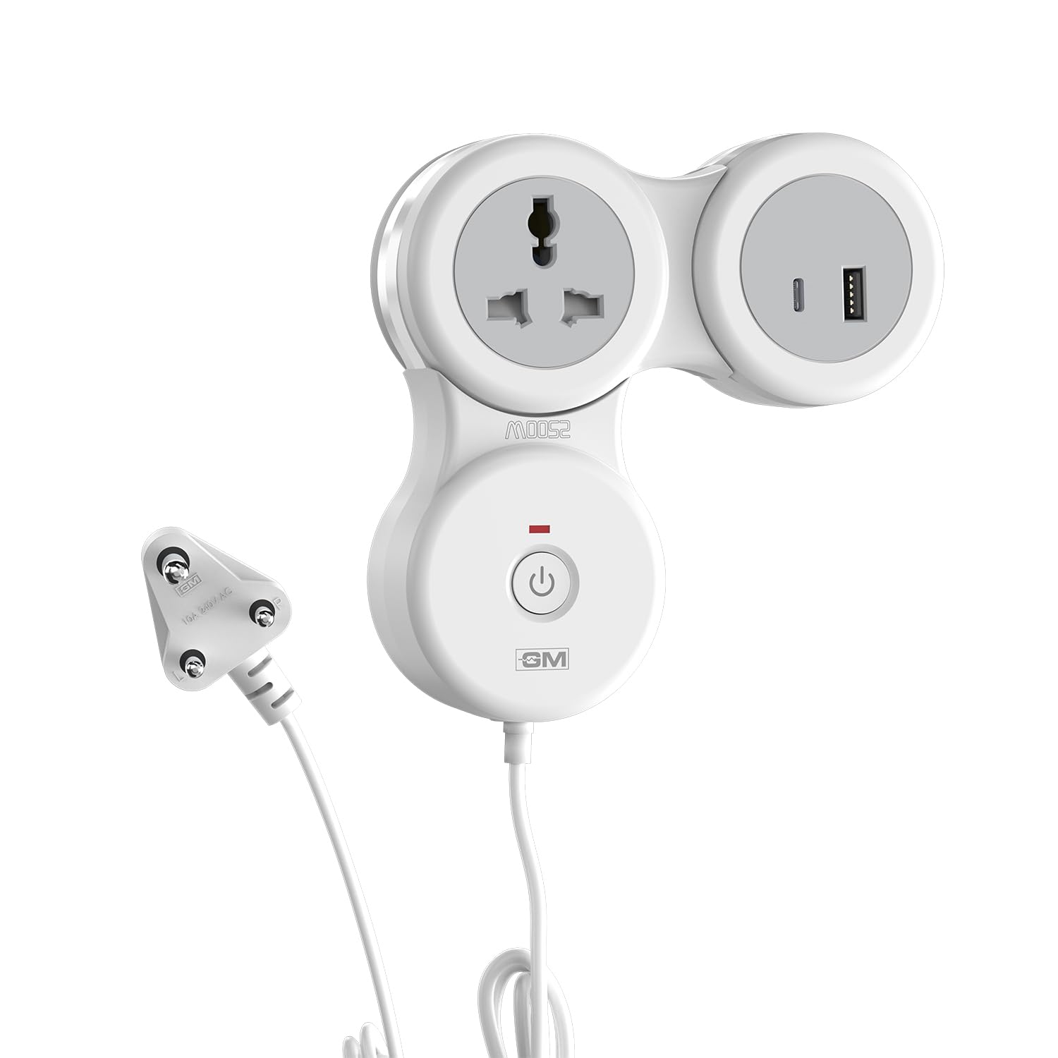 GM G-Hoop 2+1 Spike Guard | Extension Board with Type-A & Type-C Fast Charging | Compact Box with Master Switch, LED Indicator | Universal Plug Types | Best for Bedside, Study Table & Travel Use