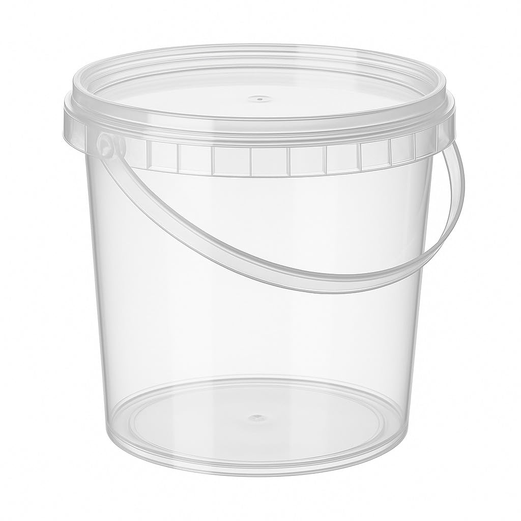 Cubo de plástico transparente con tapa, 2,3 litros, 100 unidades, apto para alimentos, estable, hermético, con asa, vacío