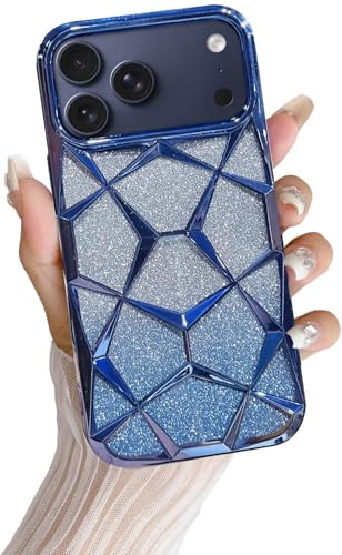 Image of VONZEE Gradient Glitter Back Cover Case Compatible with iPhone 17 Pro, Luxury Electroplated 3D Cube, Diamond Bling Shiny Soft TPU Clear Shockproof Women Girls Protective Phone Cover (Sierra Blue)