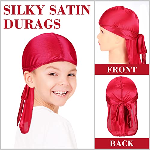 Loopeer 4 Pcs Kids Satin Durags Head Wrap Silk Durag Cap with Long Tail Wide Strap 360 Waves Cap for Boy Toddler Girls4