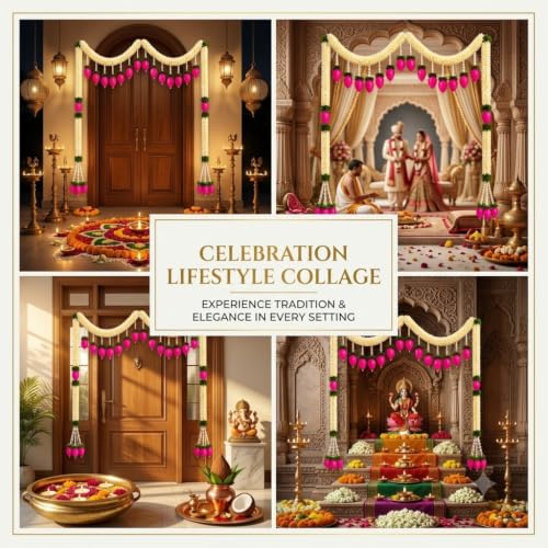 Image of iHandikart Handmade Gajra Lotus Bud Toran for Entrance 48 x 48 Inch | Artificial Flower Bandarwal | Decorative Garland for Home Decor, Pooja Room, Diwali, Wedding, Housewarming & Festive Decoration
