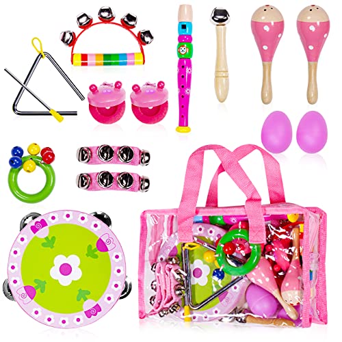 PAMRAY Instrumentos Musicales Infantiles Madera Percusion Juguetes Mini Maracas Castanuelas Traqueteo Preescolar Música Toys Rosado Cover