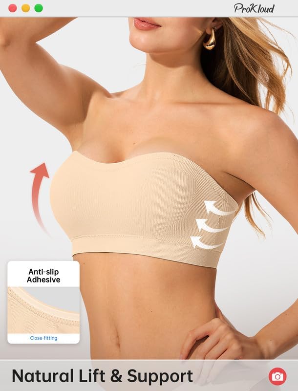 ProKloud Strapless Push Up Bras for Women Wireless Bandeau Bra Non-Slip Silicone Tube Top Padded Convertible Bralette thumbnail