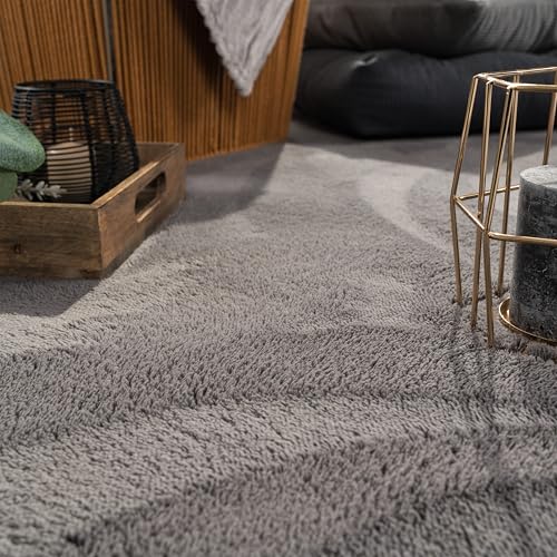 Paco Home Moderner Kuscheliger Wohnzimmer Teppich Kurzflor waschbar flauschig Weich Einfarbig Felloptik zeitlos stilvoll rutschfest pflegeleicht, Grösse:140x200 cm, Farbe:Anthrazit