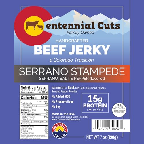 Image of Centennial Cuts Beef Jerky - Serrano Stampede - High Protein, Zero Sugar Zero Carbs, Spicy Serrano Pepper, Sea Salt and Black Pepper - 7 oz Snack