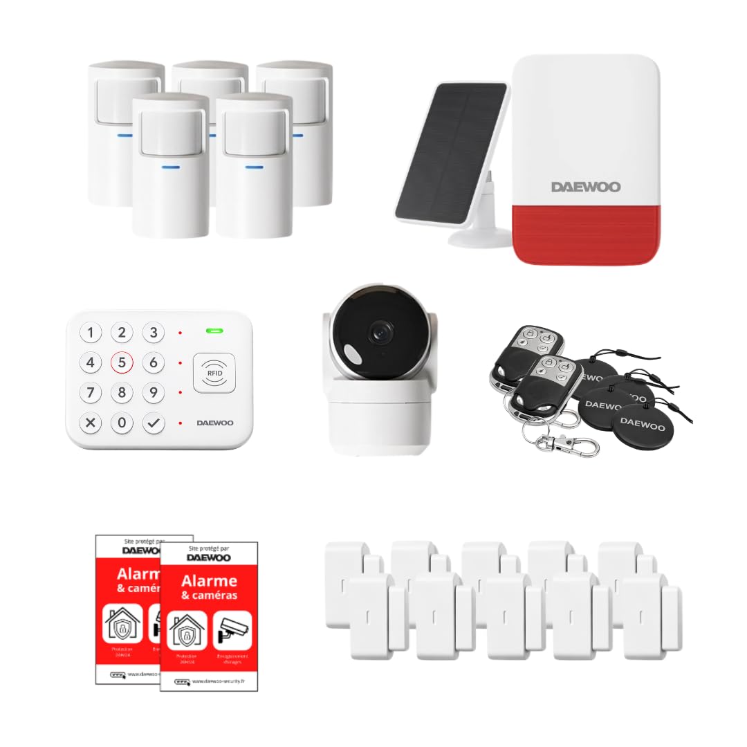 Daewoo Security - Pack Alarme Connectée WiFi&GSM VIG105+ - Kit Complet sans Abonnement, 10 Contacteurs + 5 Détecteurs, Sirène Solaire, Caméra Full HD, Application Mobile, Alexa & Google Home