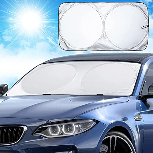 Car Sun Shade with Storage Pouch, Foldable Windshield Sun Shade for UV Rays and Sun Heat Protection, Sun Visor for Car Accessories fit Most Sedans SUV Truck (59 x 28 in / 150 x 70 cm)