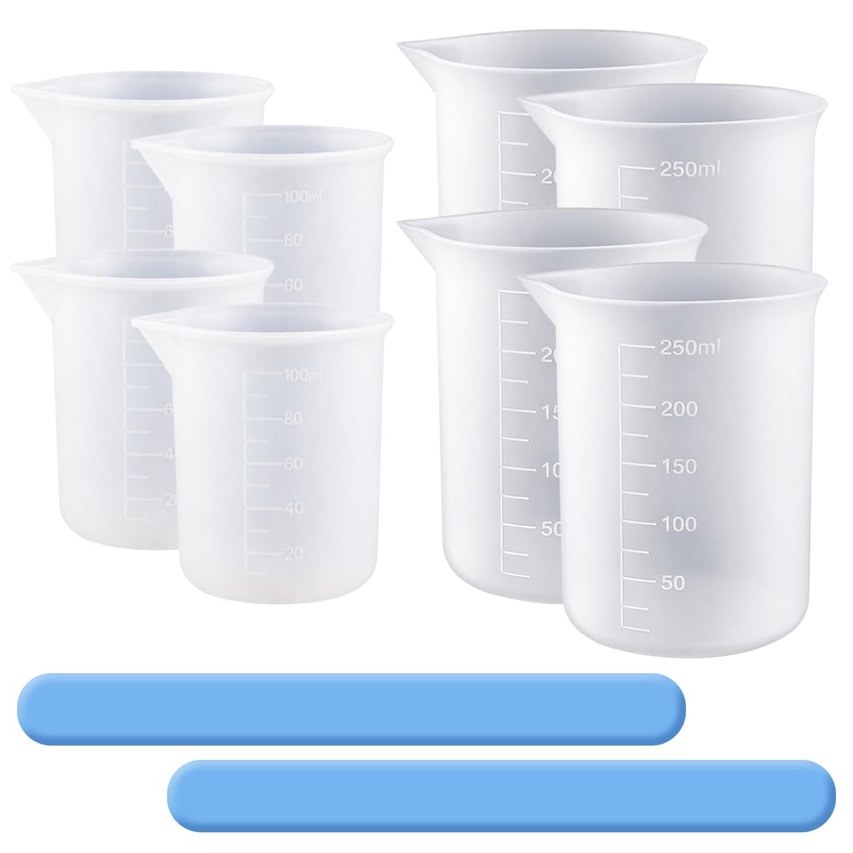 8 sztuk silikonowych kubków z miarką 250 ml/100 ml z żywicy epoksydowej, kubek do mieszania z 2 mieszadłami, do odlewania żywicy epoksydowej, rękodzieła, laboratorium, woskowania, kuchni, 8 sztuk