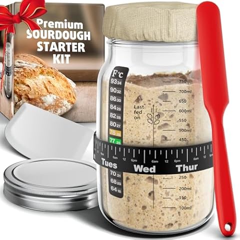 Ultimate Sourdough Starter Jar Kit 31.8 oz - Reusable Jar for Easy Bread Baking - Perfect to Make Your Sour Dough Starter - Easy to Use & Clean - Complete Sourdough Starter Kit - Great Christmas Gift Cover