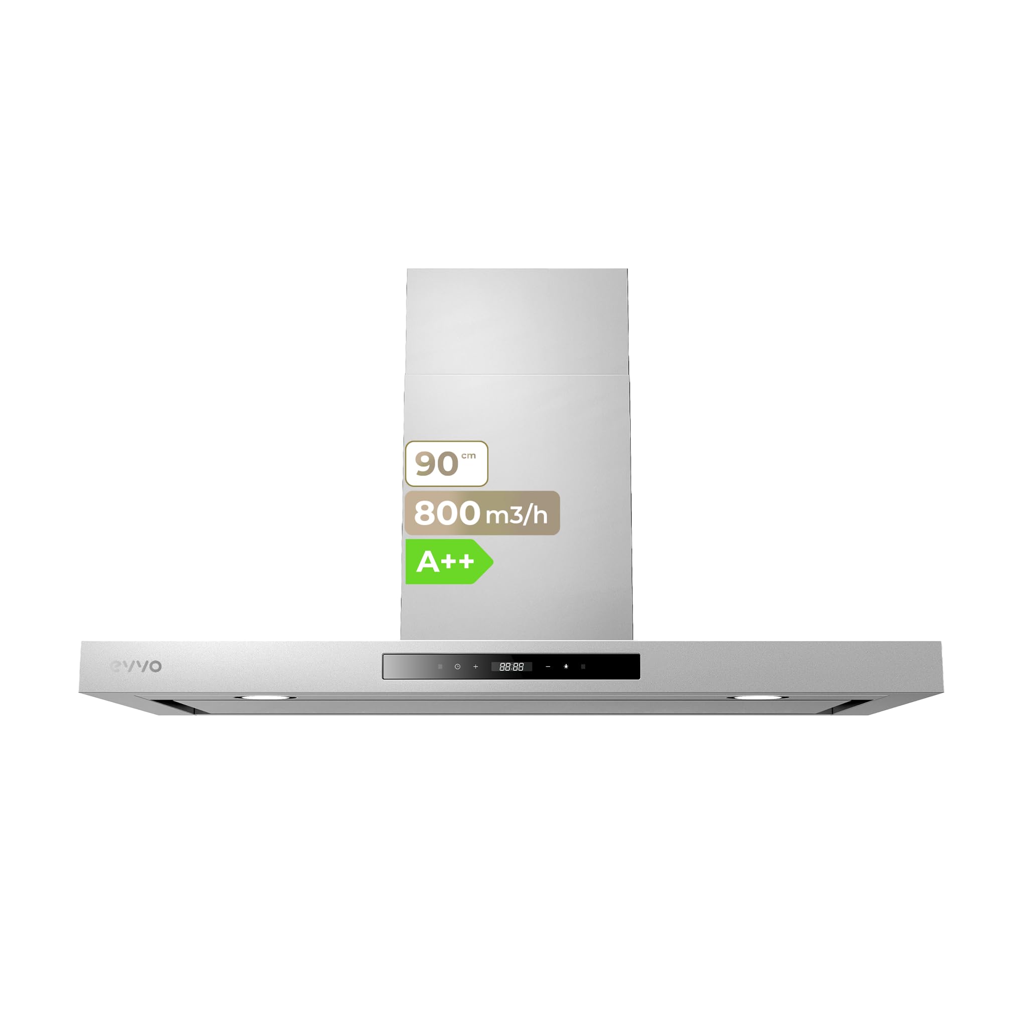 EVVO Campana Extractora 90 cm Decorativa, Potencia 800 m³/h, Control Táctil y Gestual, Filtro de Aluminio y Carbón Activo, Eficiencia Energética A++