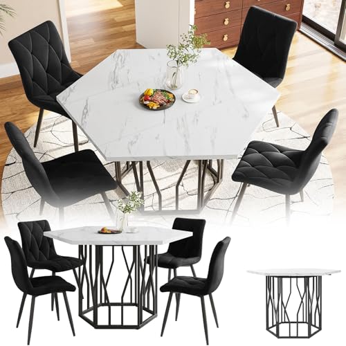 RRrawgff Mesa de Comedor con 4 sillas,115.5x100 cmx75 cm Moderno Mesas de Cocina con Patas de Metal Negro,Hexagonal Mármol Mesas con Sillas Terciopelo Comedor para Cocina Oficina Salón Comedor