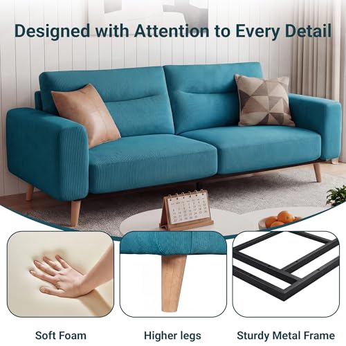 Image of Claiks 81 inch Mid-Century Oversized Loveseat, Corduroy 2-3 Seater Couch, Blue
