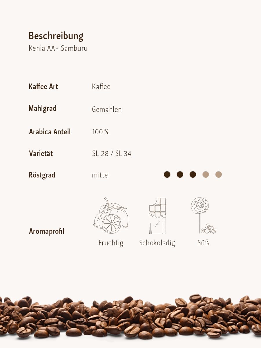 Berliner Kaffeerösterei - Kenia AA+ Samburu (1000g / gemahlen), Röstgrad Kaffee: mittel, 100% Arabica Bohnen, Aromaprofil: Fruchtig/Schokoladig/Süß