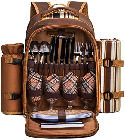 Apollo Walker Picnic Backpack Bag for 4 Person with Cooler Compartment,Wine Bag, Picnic Blanket(45"x53"),Best for Family and Lovers Gifts (Brown)