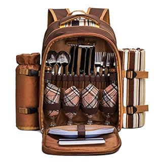 Apollo Walker Picnic Backpack Bag for 4 Person with Cooler Compartment,Wine Bag, Picnic Blanket(45"x53"),Best for Family and Lovers Gifts (Brown)