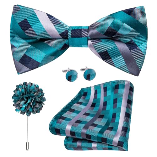 Image of Dubulle Mens Paisley Striped Bowtie Set Pre-tied Bowtie for Men and Pocket Square Set Wedding Business