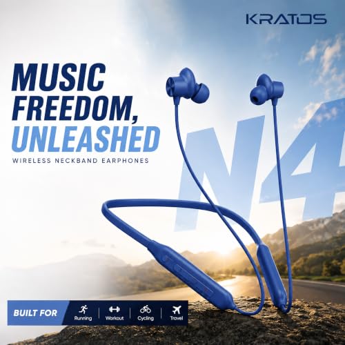 Image of Kratos N4 Bluetooth Neckband with 55H Playtime, Deep Bass, Stereo Sound, HD Calls, Magnetic Earbuds, Type-C Fast Charging, Rich Audio, Hollow Switch for Comfort & Style (Blue)