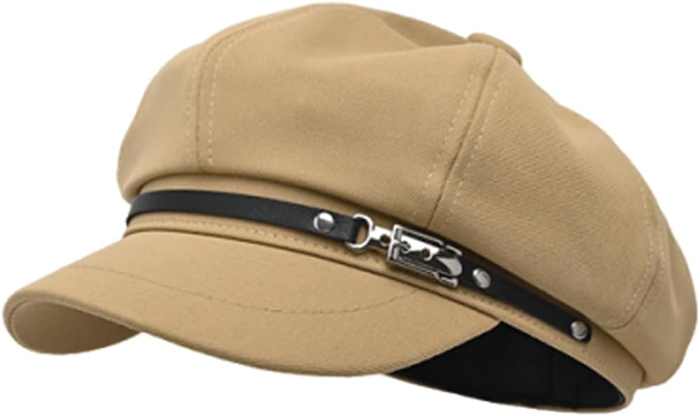Womens Newsboy Cap Leather Buckle Chic Beret Caps Fall Winter Cabbie Paperboy Hat