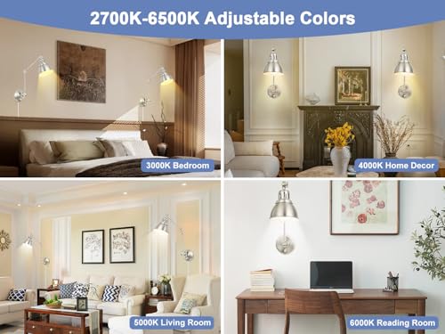 Image of GOODATE 1 Pack Plug in Wall Sconce with Remote, Dimmable, Adjustable Colors, Swing Arm Wall Lamp, Plug in Wall Light with Timer & Night Light (Brushed Nickel, with Bulb+Remote)
