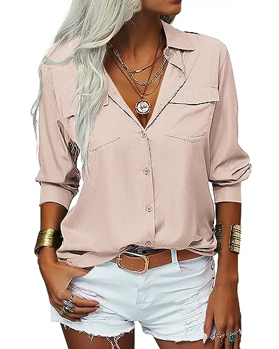 Veatzaer Womens Solid Lapel Long Sleeves Button Down Shirt Top Casual Basic Office Blouse