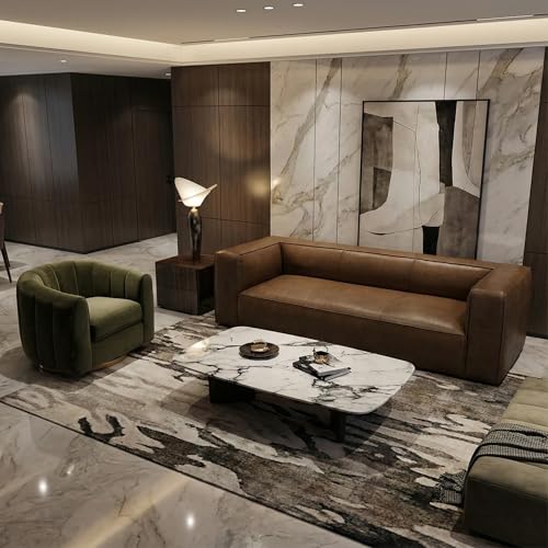 Image of 2026 New Luxury Italian-Style Leather Sofa and Swivel Chair Set, 92.5 inch | 2026 New Luxury Italian-Style Leather Sofa and Swivel Chair Set, Tan Leather Sofa with Green Velvet Swivel Chair
