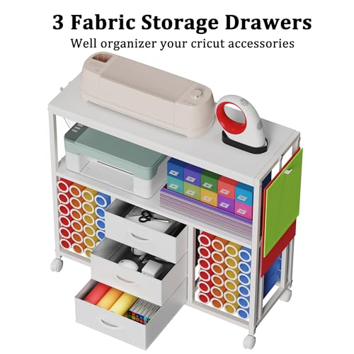 Image of 48 Vinyl Roll Holders for Cricut Cart, 32 inchW Large Craft Cart with 3 Fabric Drawer, Craft Organization and Storage Compatible with Cricut Maker Machine, Crafting Table Workstation, White,Patent Pending