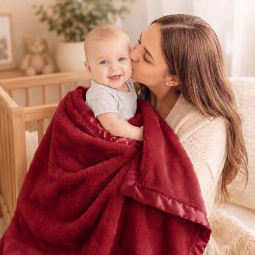 Image of Pro Goleem Fleece Baby Blanket with 2 Inch Satin Trim Soft Anti-Static Plush Blanket for Boys and Girls Christmas Baby Gifts for Babies 30''x40''，Red