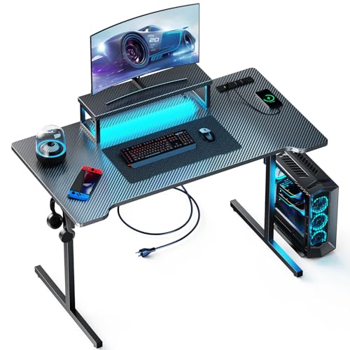 Small Gaming Desk with LED Lights & Power Outlets, 39 Inch Computer Desk with Monitor Stand, PC Gaming Table with Carbon Fiber, Black