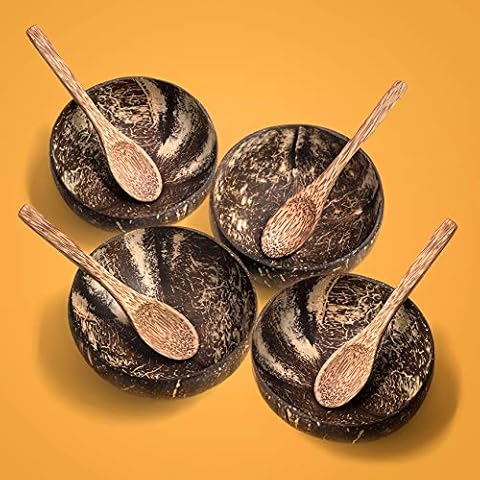 PRECORN Set of 4 Coconut Bowl + Spoon Coconut Bowl Vegan Buddha Bowl Smoothie Porridge Salad Cover