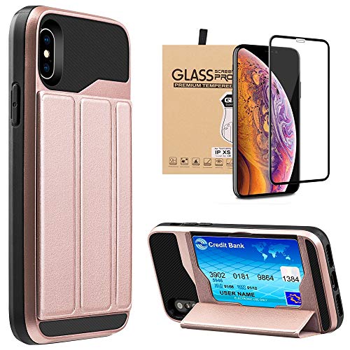 Fashion Practical Card Holder Hybrid Wallet Case For Iphone Xs With 9H Tempered Glass (Rose Gold) #TOP11