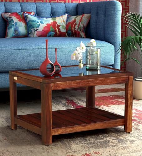 Image of BWF Premium Sheesham Wood Frame & Transparent View Solid Glass Top Centre Table for Home, Office, Cafe & Reception Areas | TeaCoffee Table | Sofa Table | Luxury Furniture | Under Table Shelf Storage