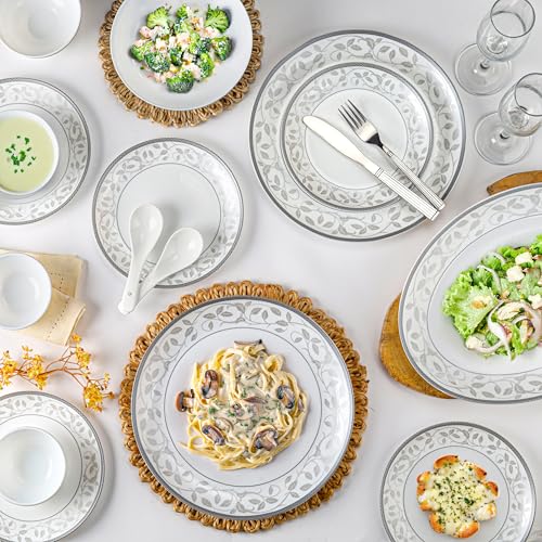 Image of Cello Divine Opalware Divine Silver Dinner Set, 33 Units | Microwave & Dishwasher Safe | Light-Weight & Thermal Resistant | Crockery Set for Dining & Gifting