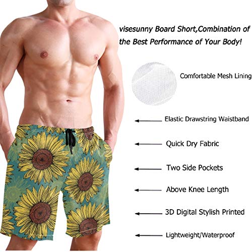 visesunny Men's Beach Short Swim Trunks Retro Sunflower Blue Pattern Sports Running Bathing Suits3