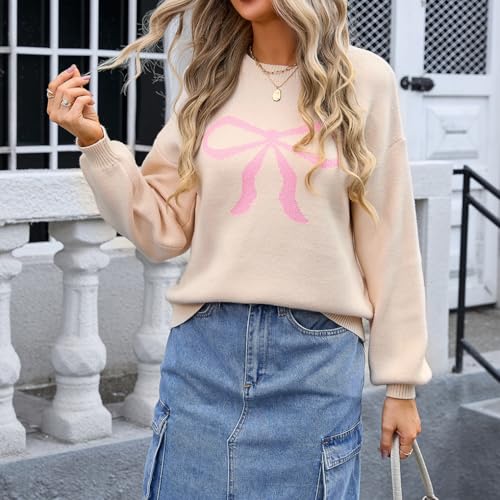 Image of Womens Knitted Pullover Bow Sweater Long Sleeve Crewneck Y2k Casual Bow Top